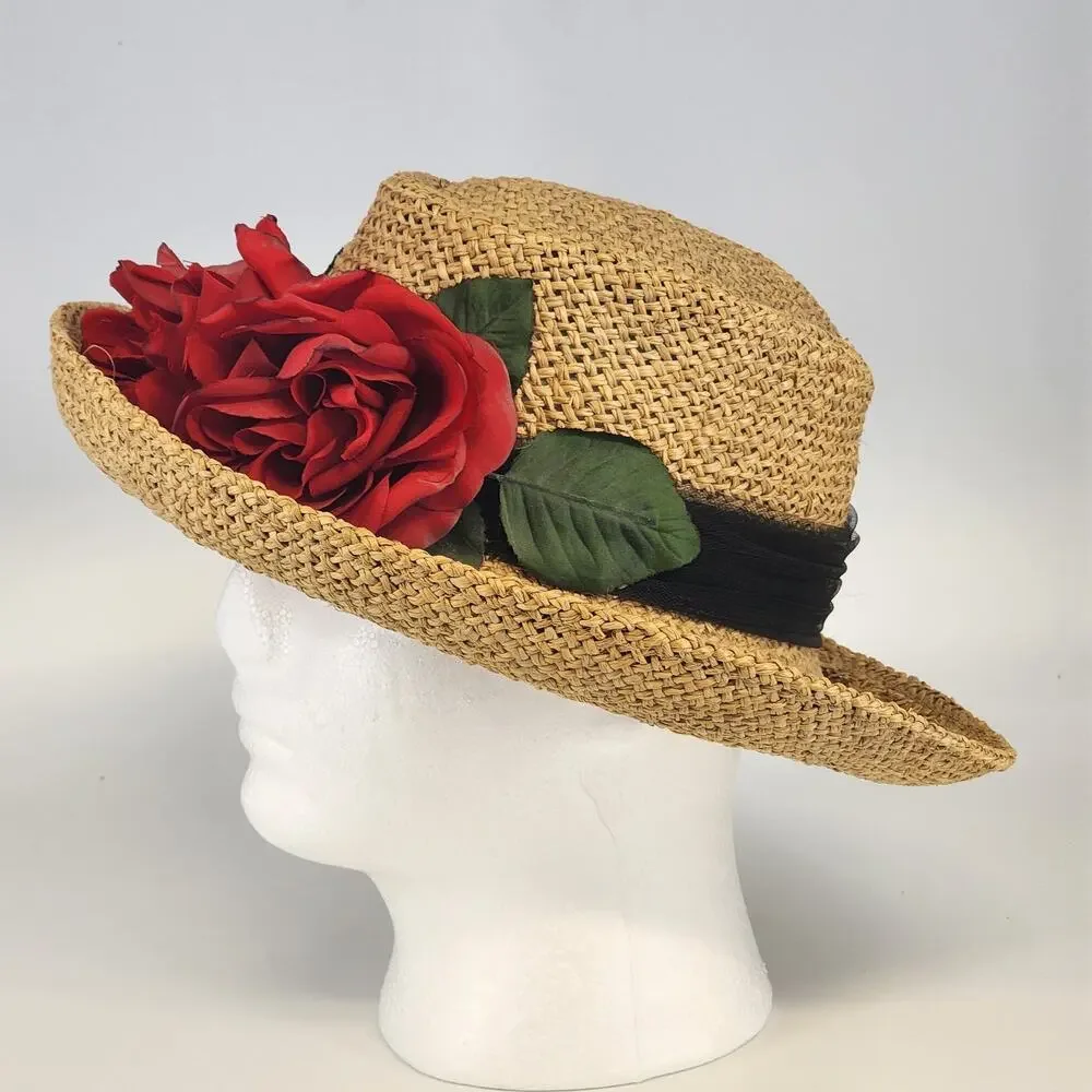 Eric Javits Luxury Squishee Sun Hat Beige Packable Woven Rose Brim Hatpin Vtg - Picture 3 of 14